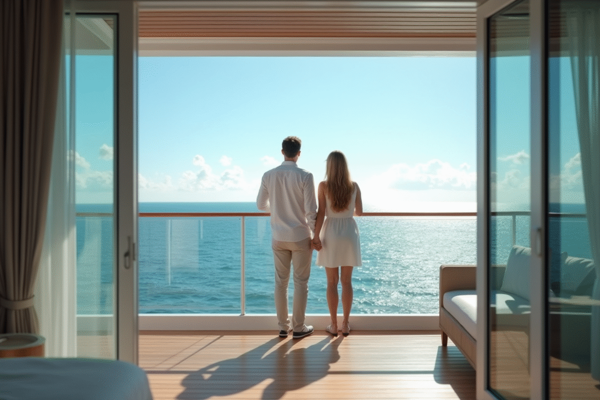 Couple heureux sur le balcon d'une cabine de croisière regardant la mer