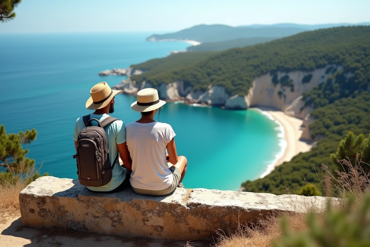 Couple de randonneurs au repos sur un belvédère en pierre contemplant une crique émeraude de l'île Porquerolles