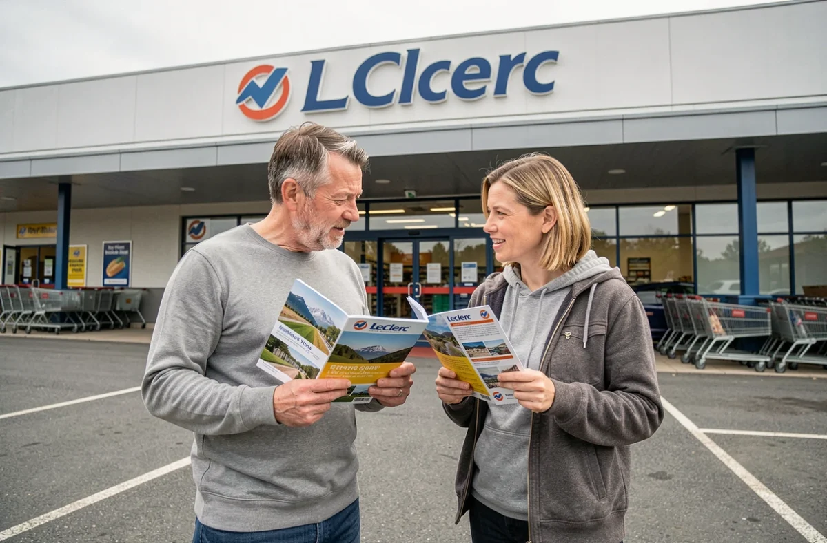 Couple consultant des brochures de voyage économique devant un magasin Leclerc