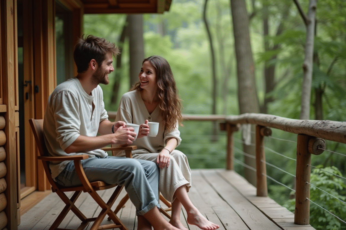 Jeune couple détendu sur terrasse en eco-lodge en forêt