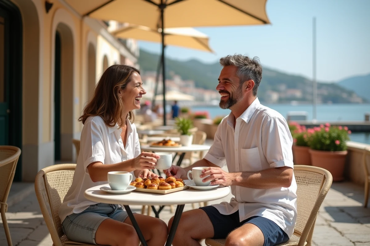 Couple détendu au café en vieille ville de Corfu