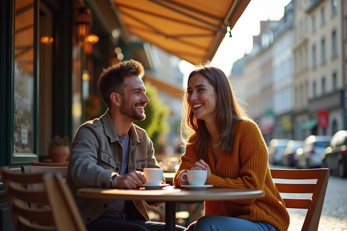 Couple souriant au café en terrasse à Lille