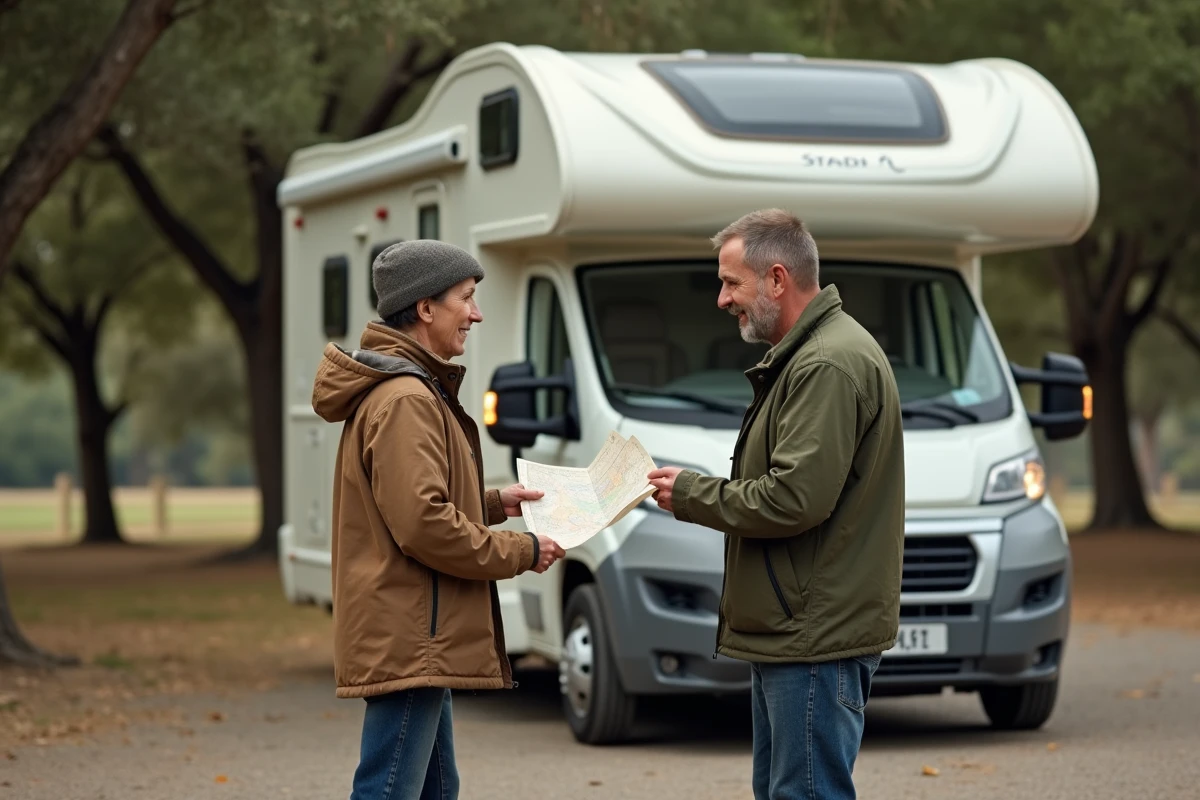 Couple de voyageurs en camping-car consultant une carte routière dans un parking ombragé près de Dancharia en Espagne