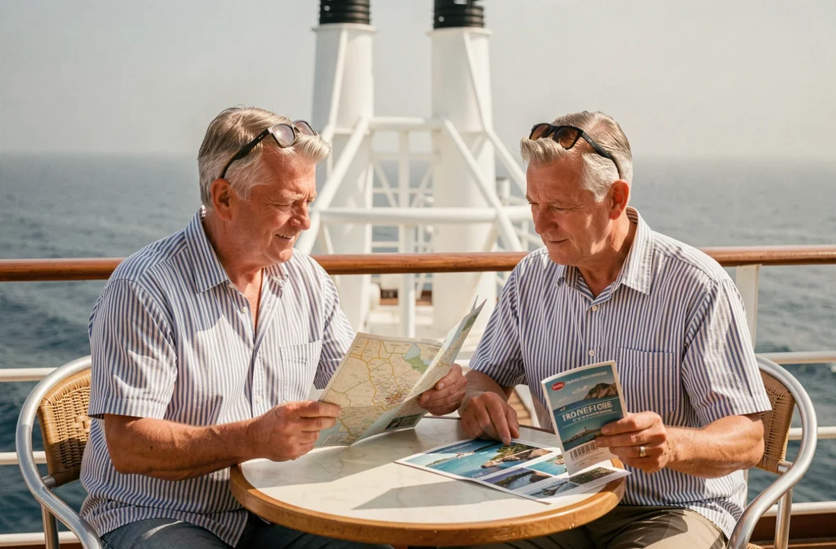 Couple de voyageurs consultant une carte d'excursions en terrasse sur le pont supérieur d'un navire de croisière en mer Méditerranée