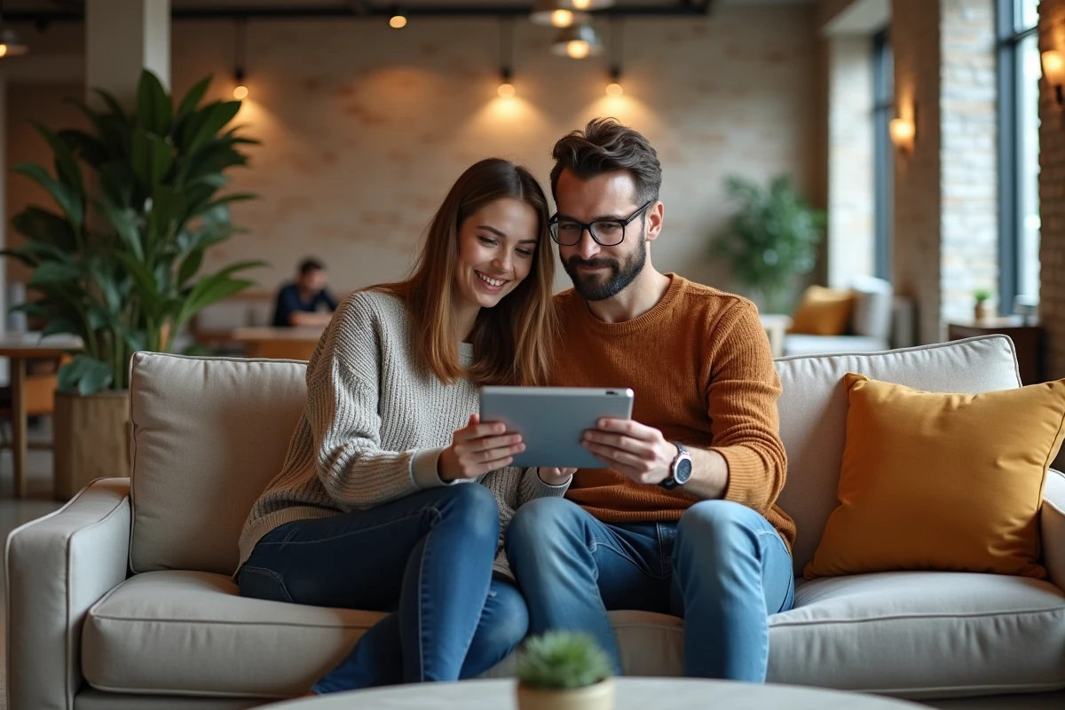 Couple comparant des hôtels day-use sur tablette dans un salon d'hôtel contemporain