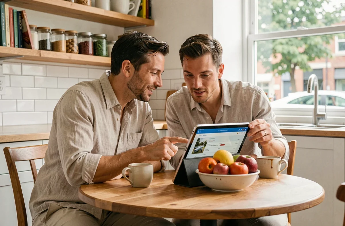 Couple comparant des prix de vols sur Google Flights depuis leur cuisine