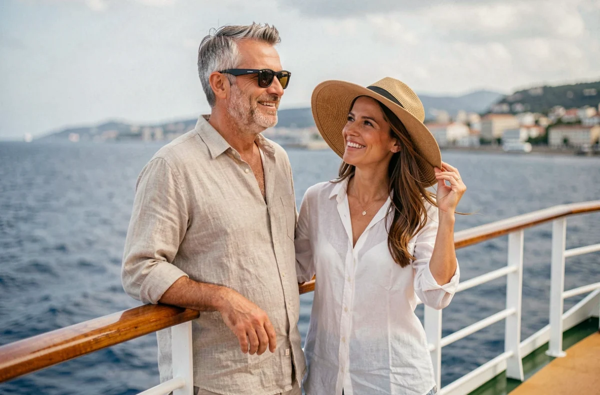 Couple souriant à la proue d'un bateau de croisière au départ de Marseille vers la Méditerranée