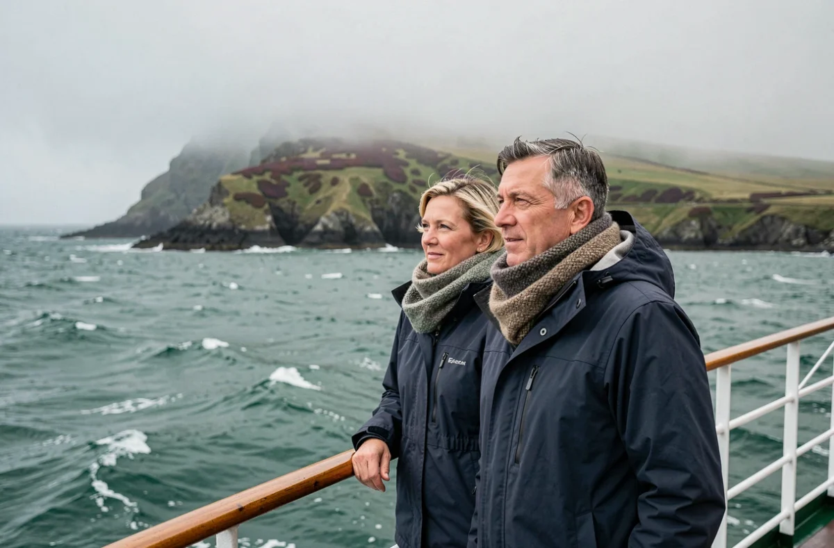 Couple observant les paysages sauvages irlandais depuis le pont d'un bateau de croisière