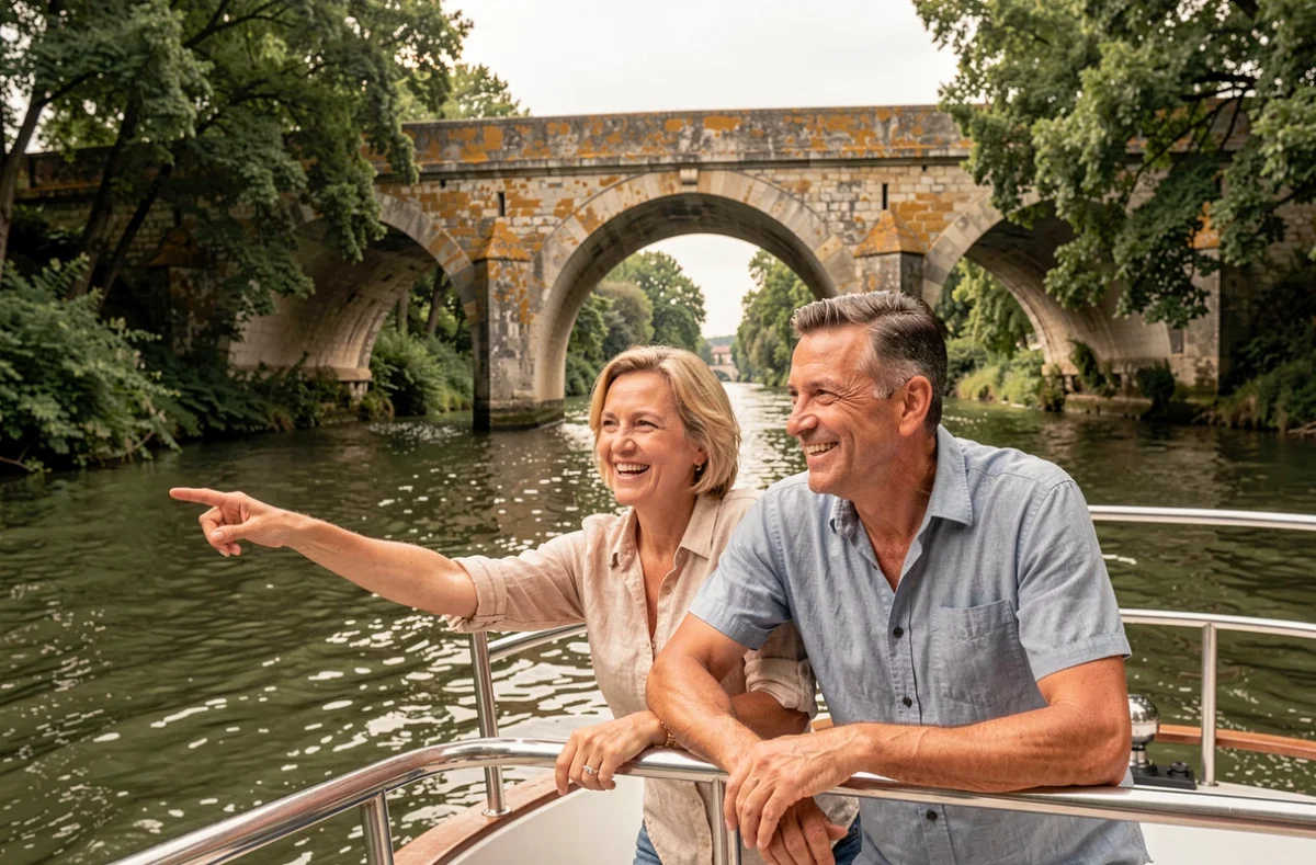 Couple en croisière fluviale sur le Tarn admirant le Pont-Vieux d'Albi