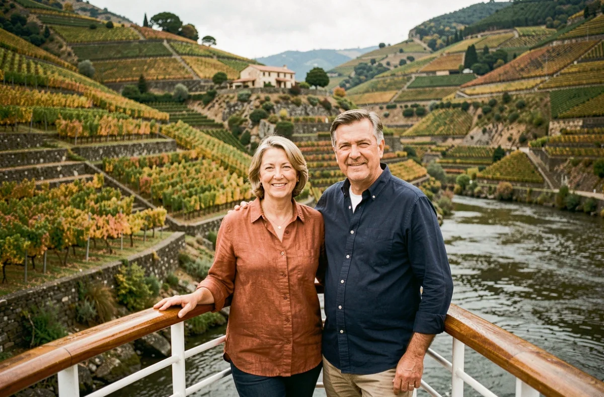 Couple en croisière sur le Douro admirant les vignobles en terrasses de la vallée du Douro en automne