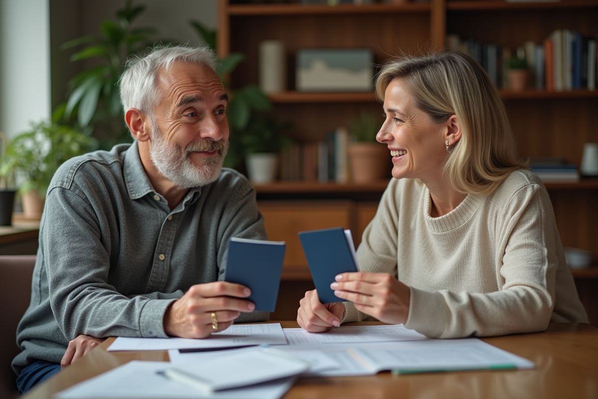 Couple discutant avec documents dans un salon chaleureux