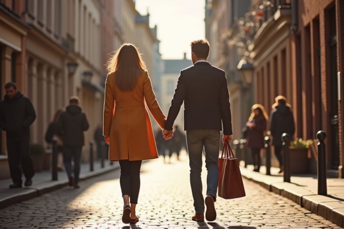 Couple se tenant la main dans la vieille ville de Lille