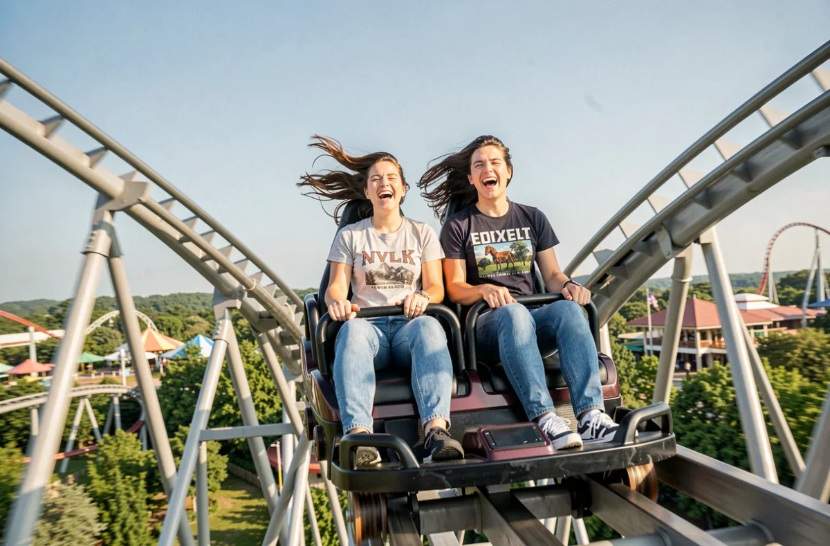 Couple sur un grand huit dans un parc d'attractions avec manèges spectaculaires pour comparer Disneyland Paris et Parc Espagne Aventura