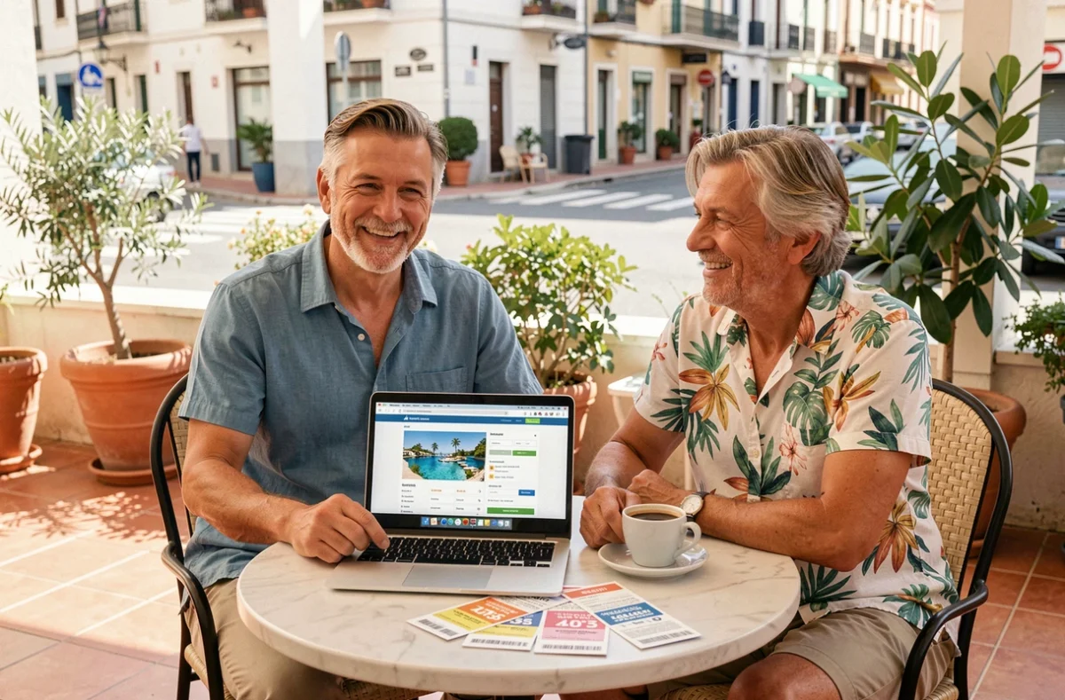 Couple planifiant un voyage en ligne avec les promotions Leclerc Voyages du mardi sur ordinateur portable en terrasse