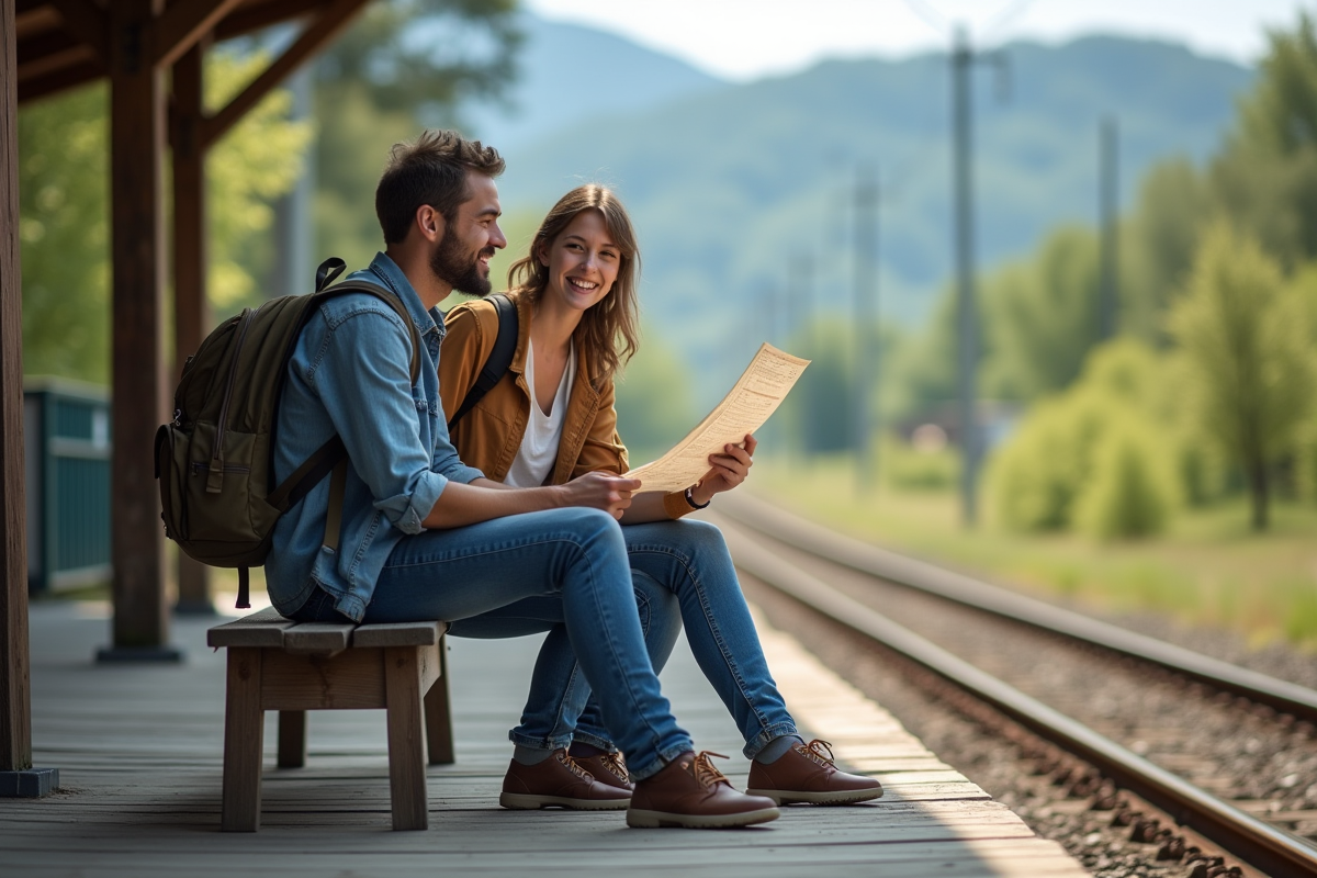 Jeune couple riant sur une plateforme ferroviaire en plein air