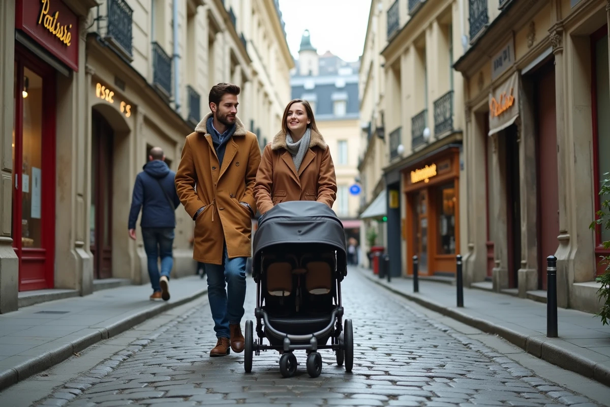 Couple avec une poussette double sur un itinéraire accessible au pied de Montmartre, rues pavées adaptées aux familles à Paris
