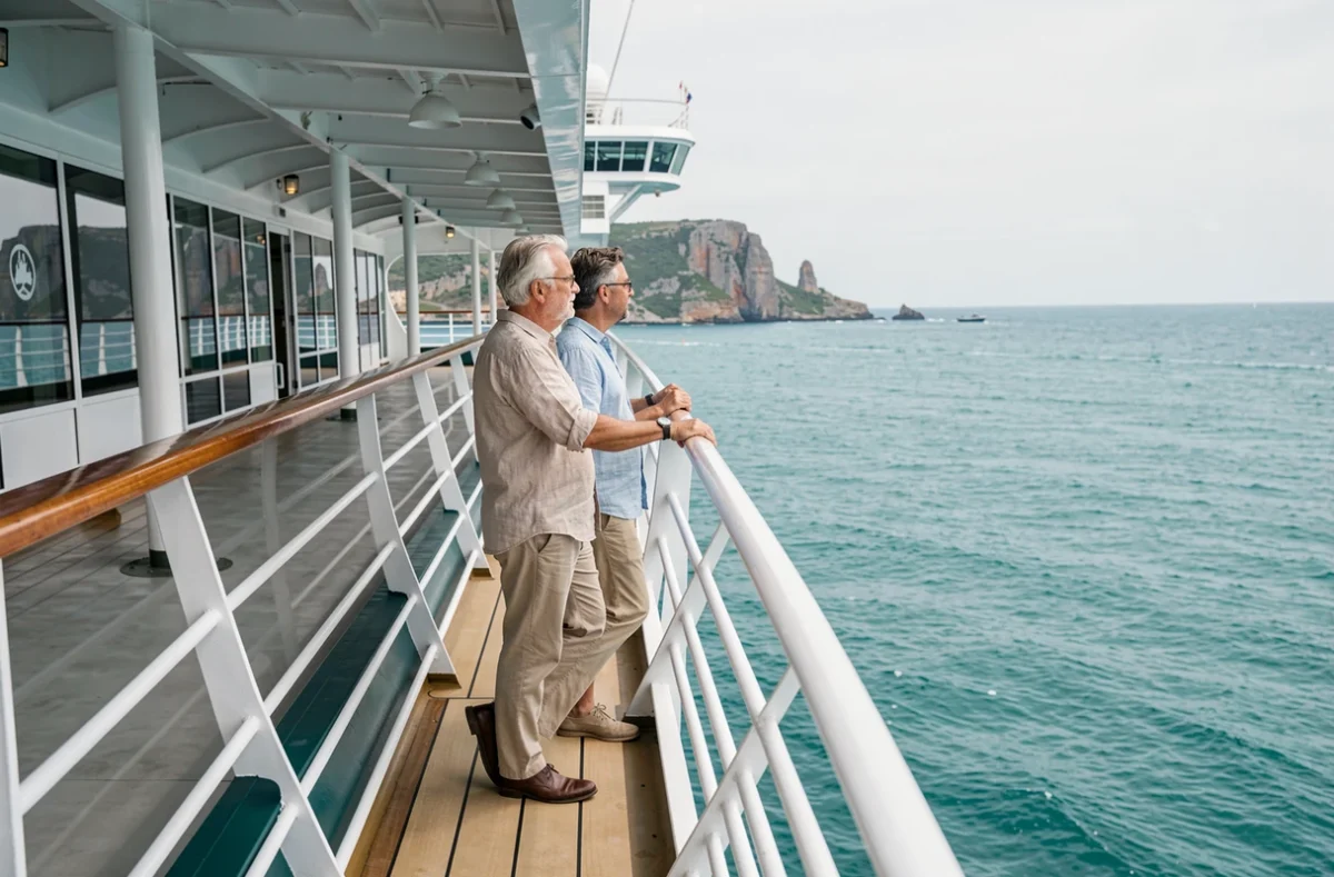 Couple à la proue d'un grand navire de croisière MSC face à la mer turquoise