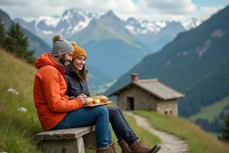 Jeune couple en randonnée dans la vallée d'Aoste