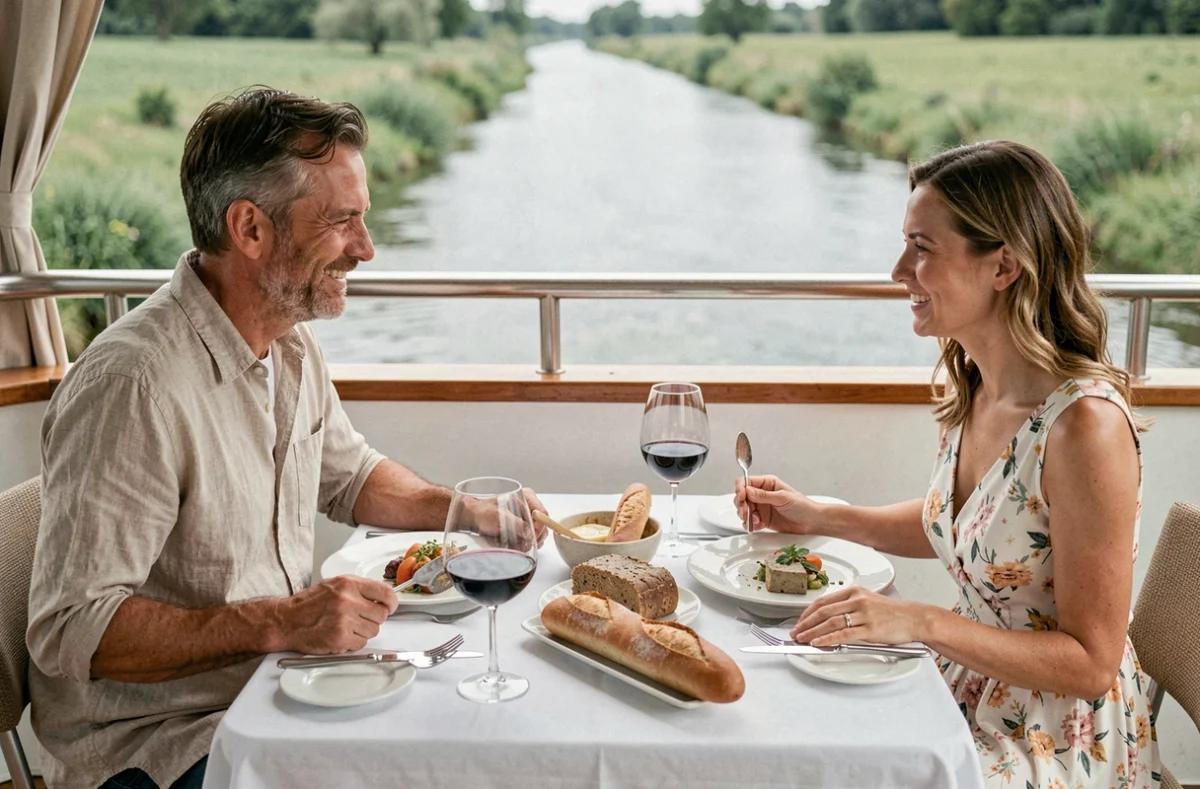 Couple dégustant un repas gastronomique à bord d'une croisière sur la Mayenne