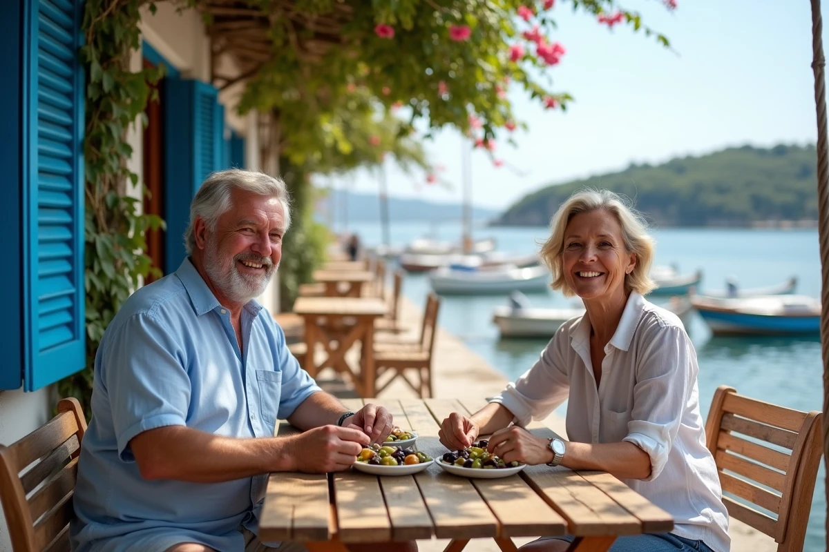 Couple assis à une taverne en Ionienne avec vue sur le port