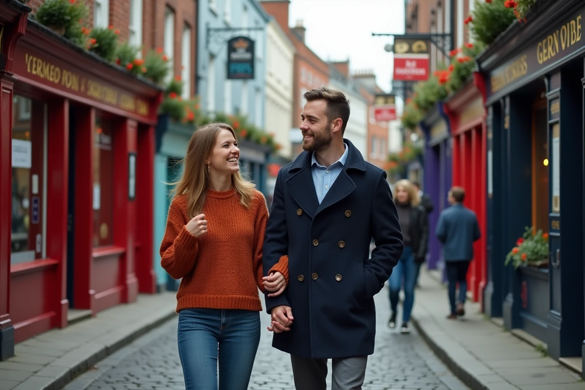 Couple se promenant en amoureux dans le quartier animé de Temple Bar à Dublin