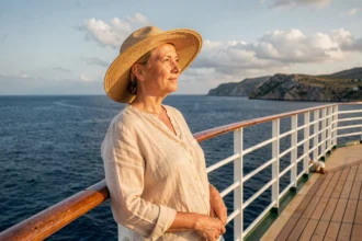Femme en chapeau de paille appuyée sur le bastingage d'un bateau de croisière avec vue sur la mer Méditerranée au départ de La Seyne-sur-Mer