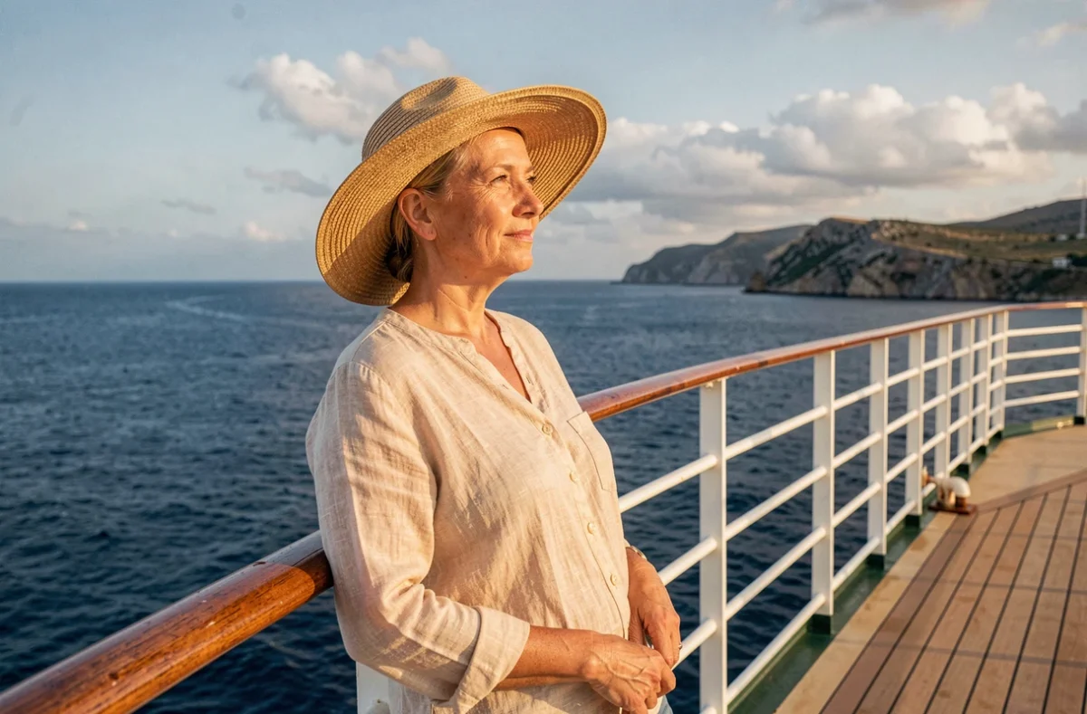 Femme en chapeau de paille appuyée sur le bastingage d'un bateau de croisière avec vue sur la mer Méditerranée au départ de La Seyne-sur-Mer