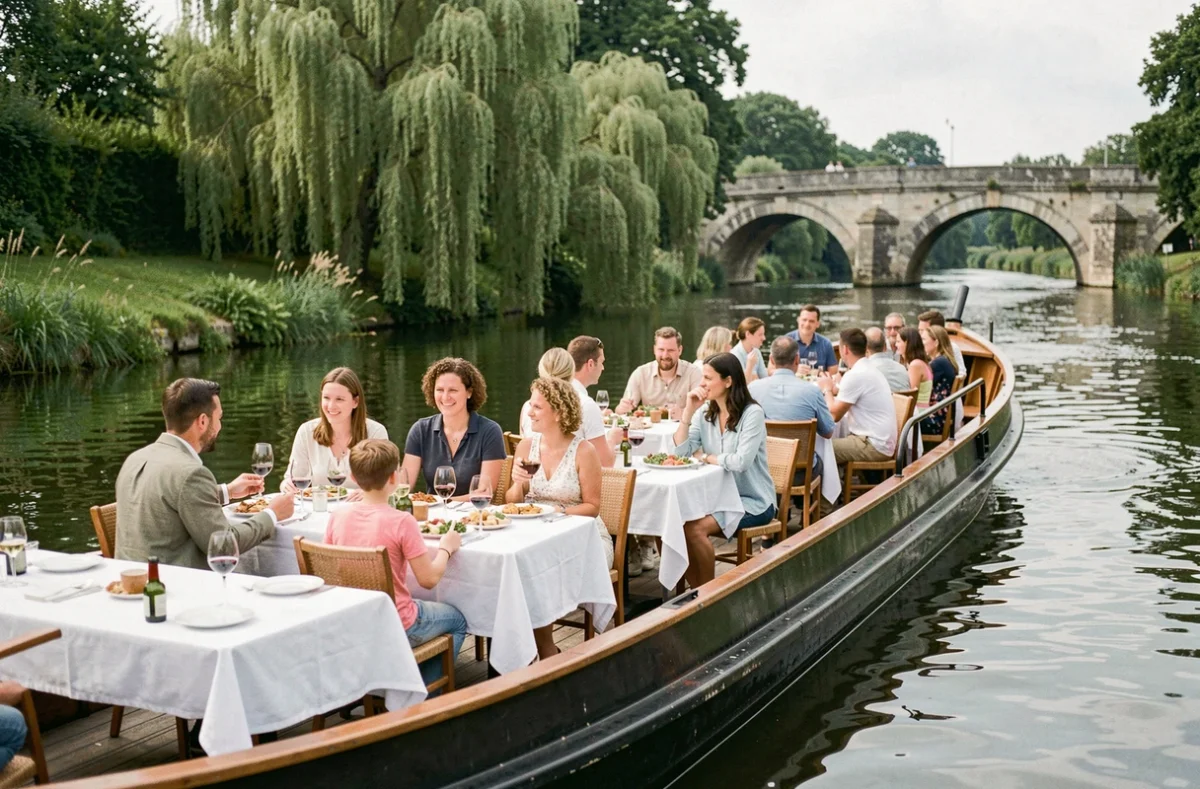 Croisière repas sur la Mayenne avec passagers attablés sur le pont d'une péniche traditionnelle en France