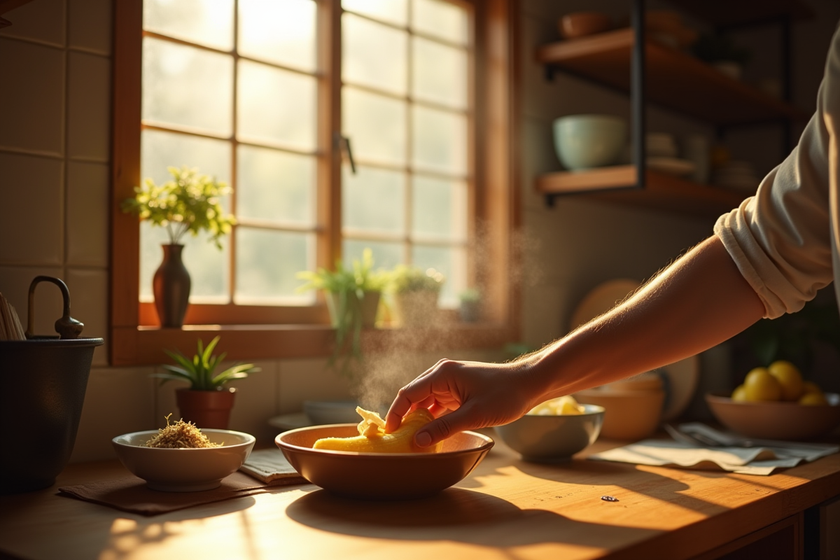 Personne dans une cuisine japonaise avec compost de peaux de banane