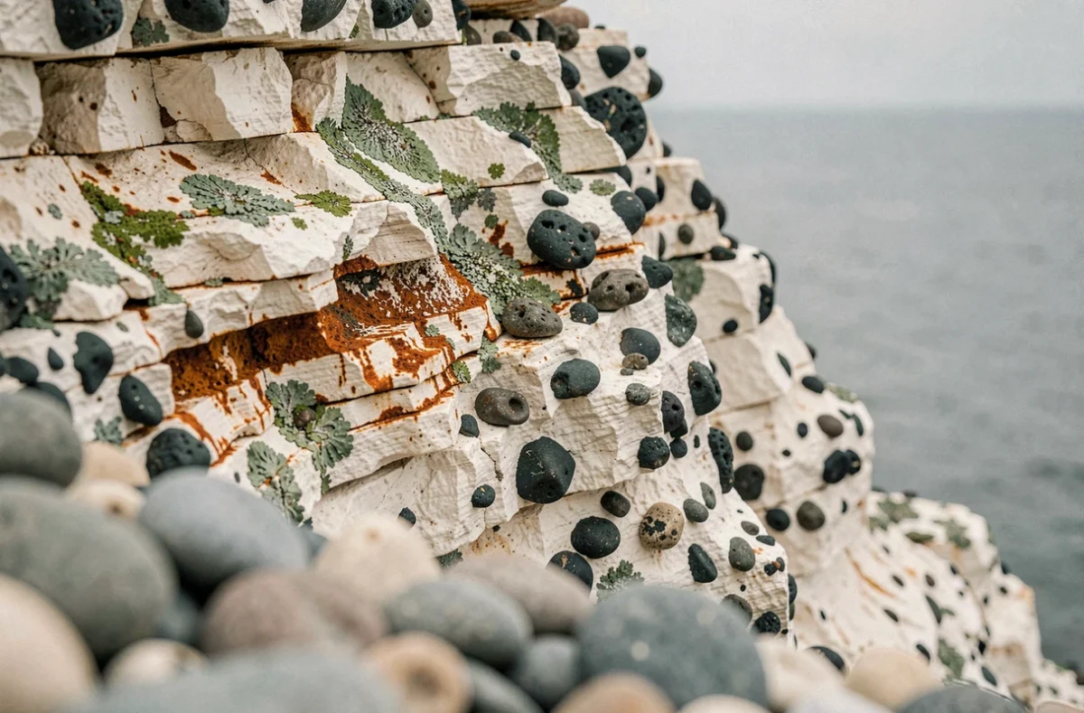 Détail en gros plan des strates de craie et silex des falaises d'Ault avec lichens verts et galets normands au premier plan