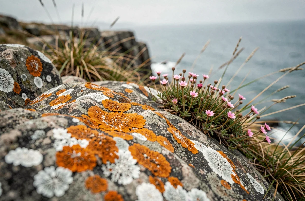 Détail de lichen et fleurs sauvages sur les rochers de granit de la Pointe de Kadoran avec mer en arrière-plan