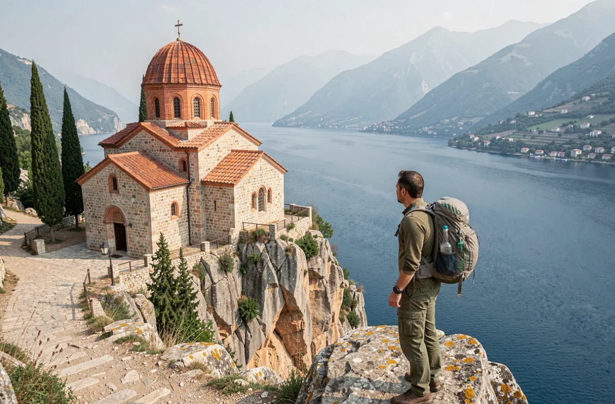 Église Saint-Jean de Kaneo sur les falaises dominant le lac Ohrid avec vue panoramique