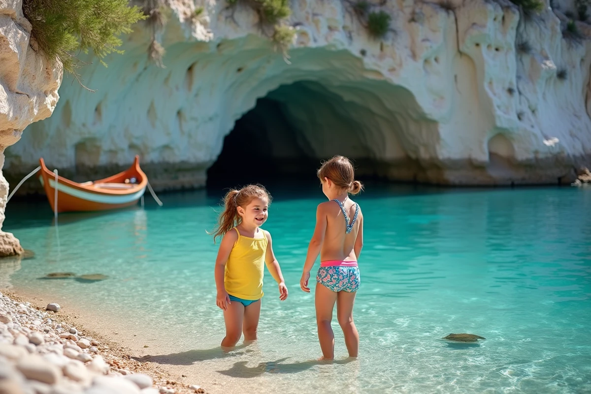 Enfants au bord d'une crique turquoise du Salento dans les Pouilles découvrant la mer cristalline