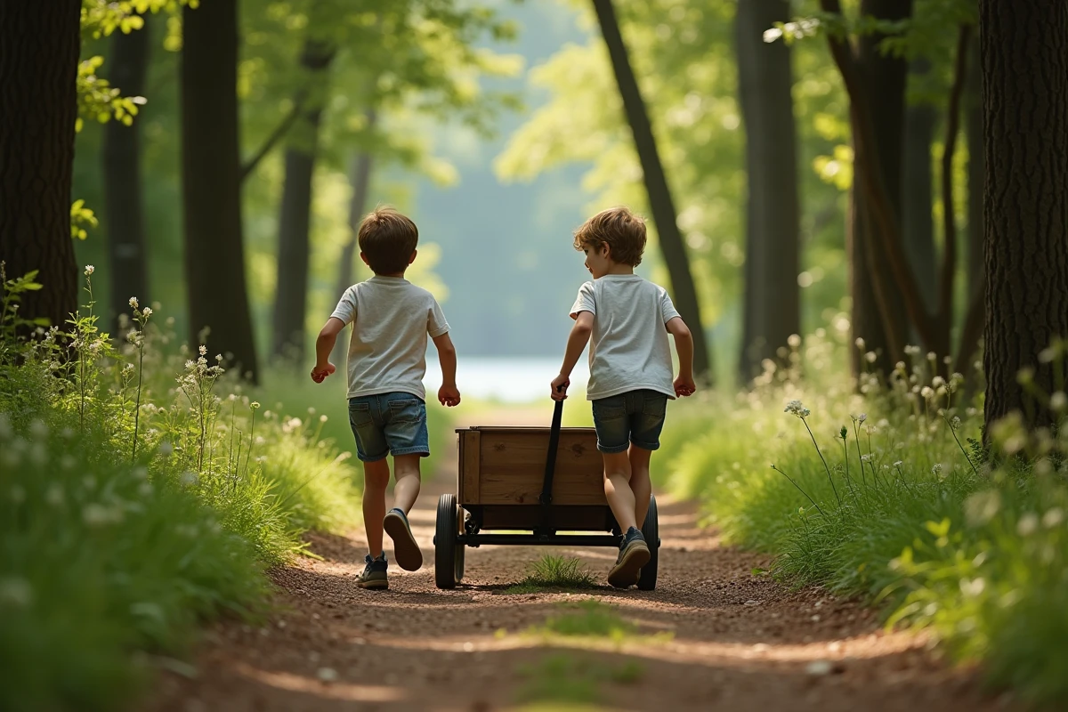 Enfants courant dans la forêt avec une charrette en bois