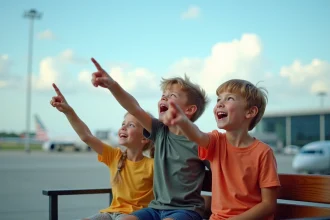 Trois enfants enthousiastes pointant un avion du doigt depuis une terrasse d'observation d'aéroport