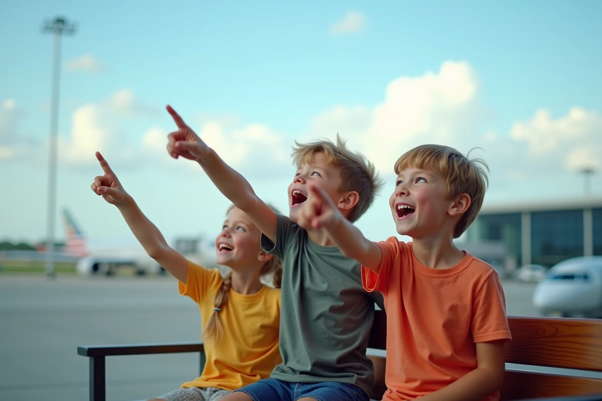 Trois enfants enthousiastes pointant un avion du doigt depuis une terrasse d'observation d'aéroport