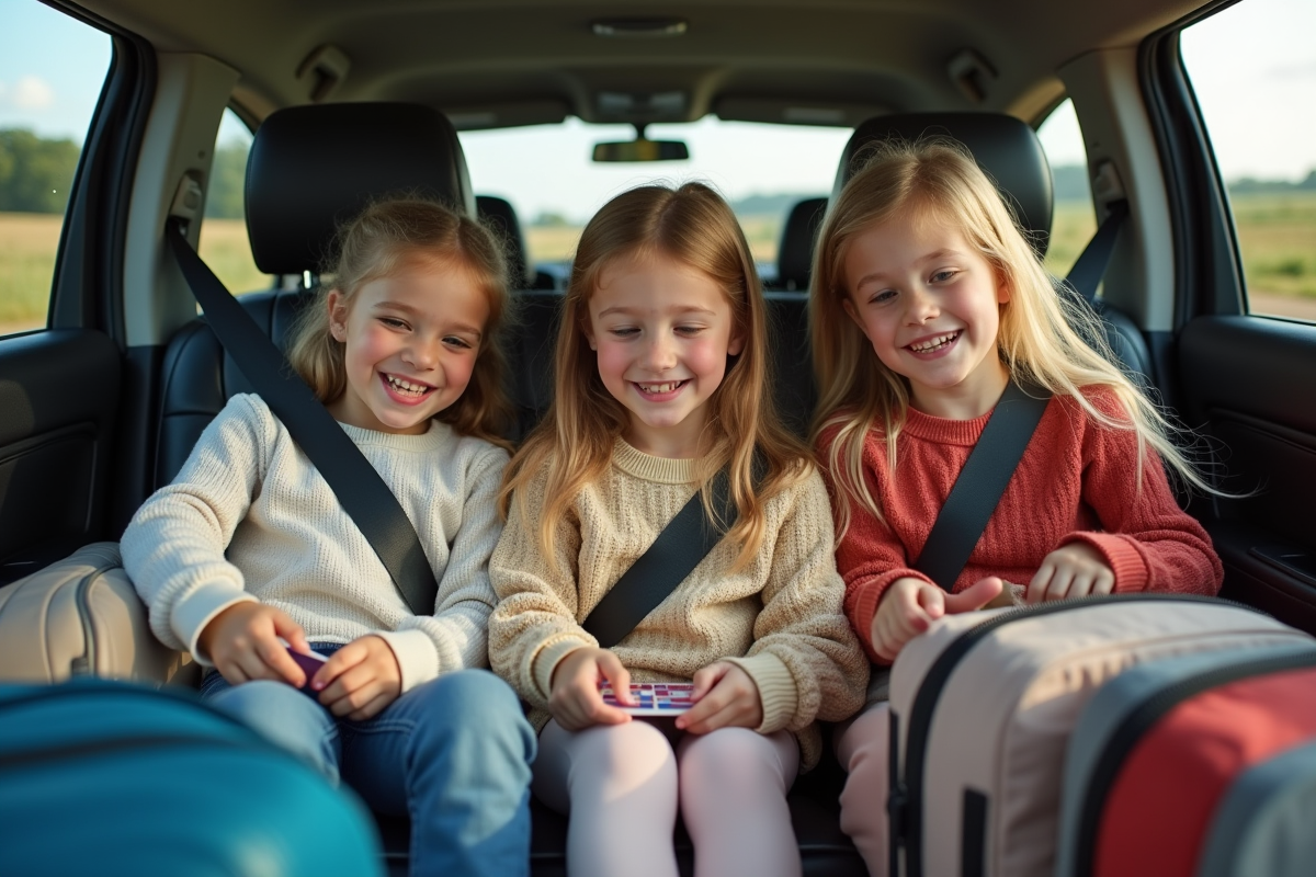 Freres et soeurs jouant dans la voiture en voyage