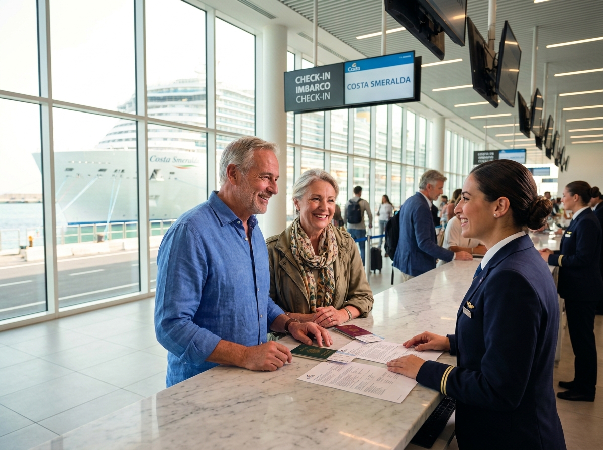 Couple de voyageurs en train de s'enregistrer à un terminal de croisière Costa avec un agent