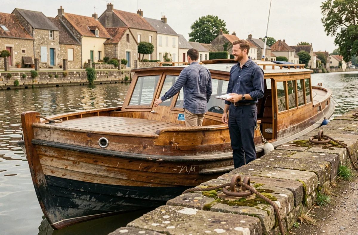 Membre d'équipage accueillant des passagers à bord d'un bateau de croisière amarré sur la Mayenne