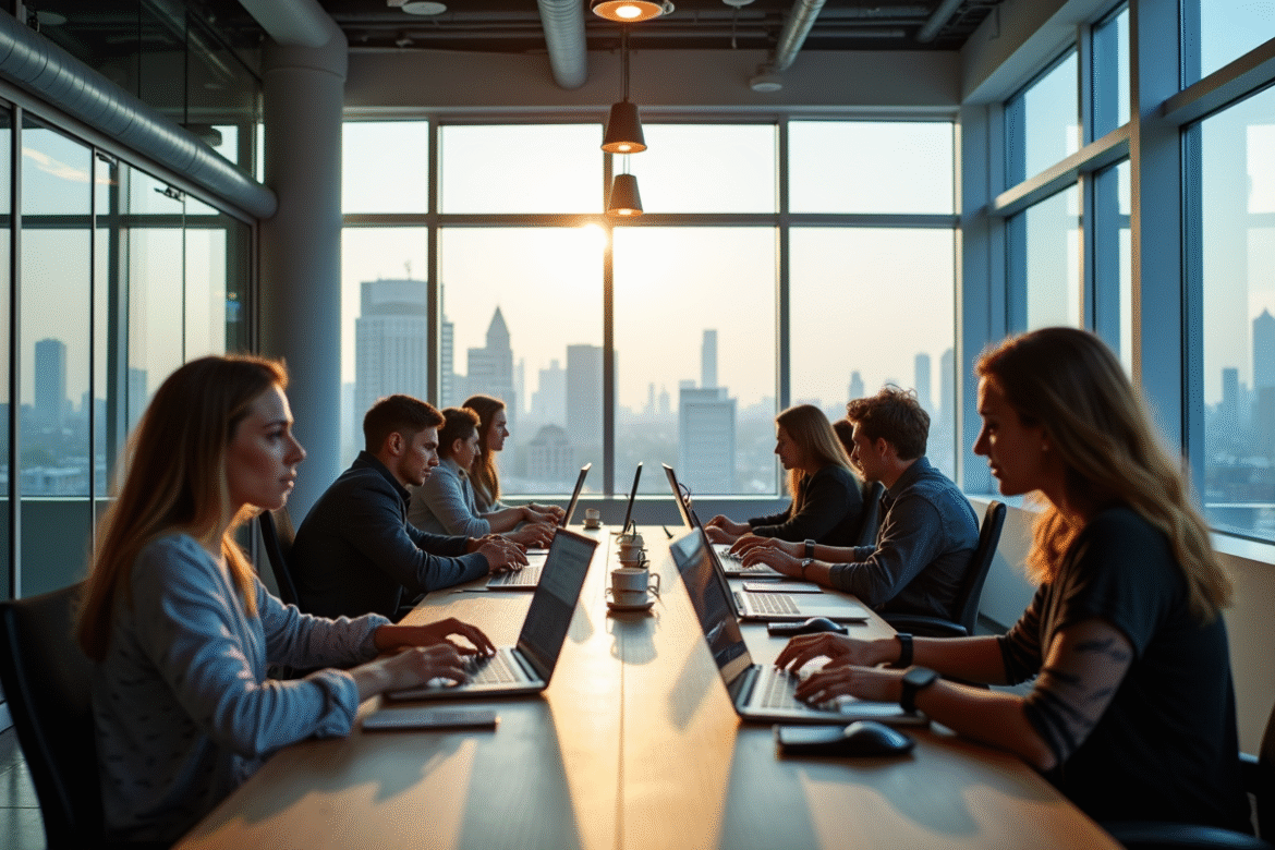Espace coworking moderne avec jeunes professionnels au travail