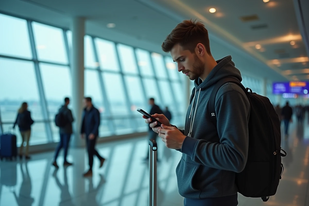 Étudiant configurant une eSIM économique sur son téléphone dans un aéroport international