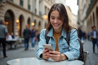 Étudiante à l'étranger utilisant son téléphone avec une eSIM Saily dans un café en Europe