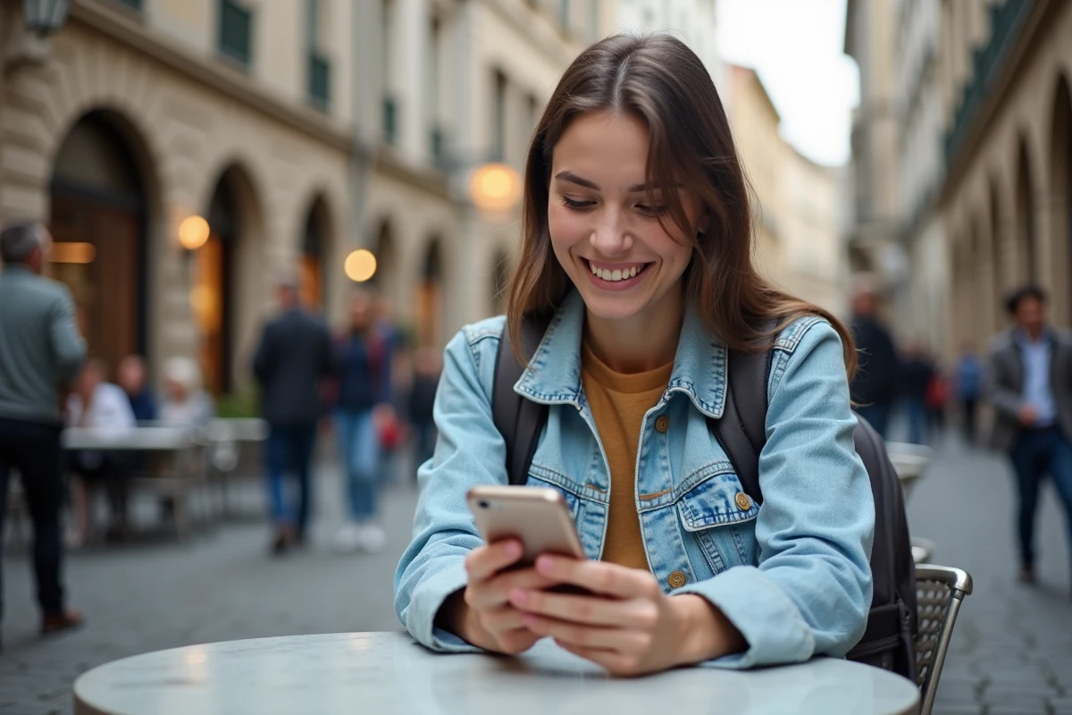 Étudiante à l'étranger utilisant son téléphone avec une eSIM Saily dans un café en Europe