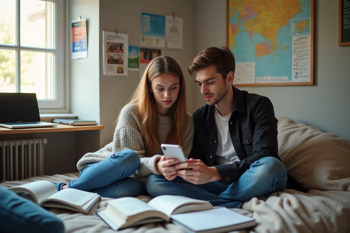 Deux étudiants en colocation comparant des forfaits eSIM abordables pour voyager à l'étranger