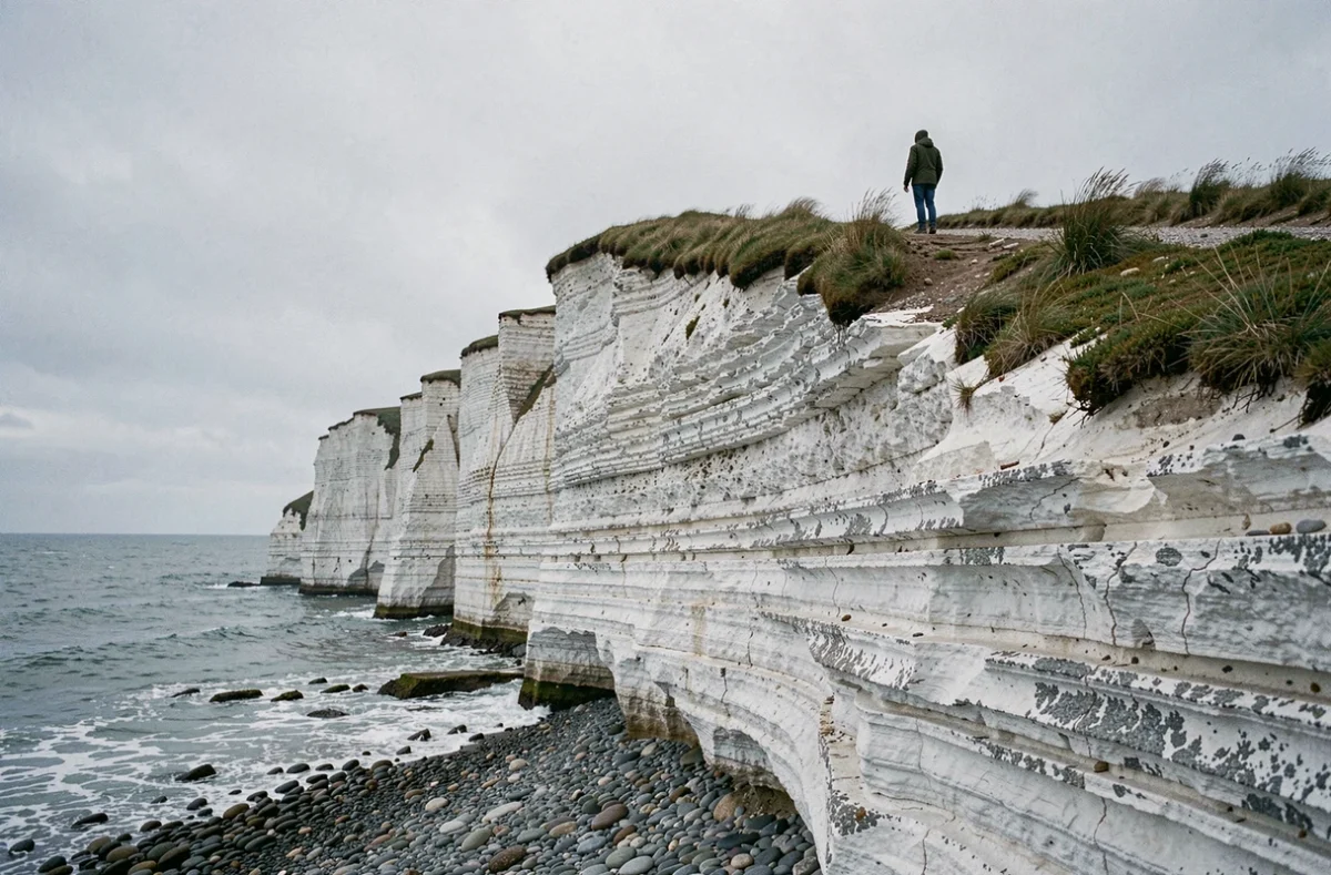 Falaises de craie blanche d'Ault vues depuis le bas, sentier côtier et randonneur en anorak vert au sommet