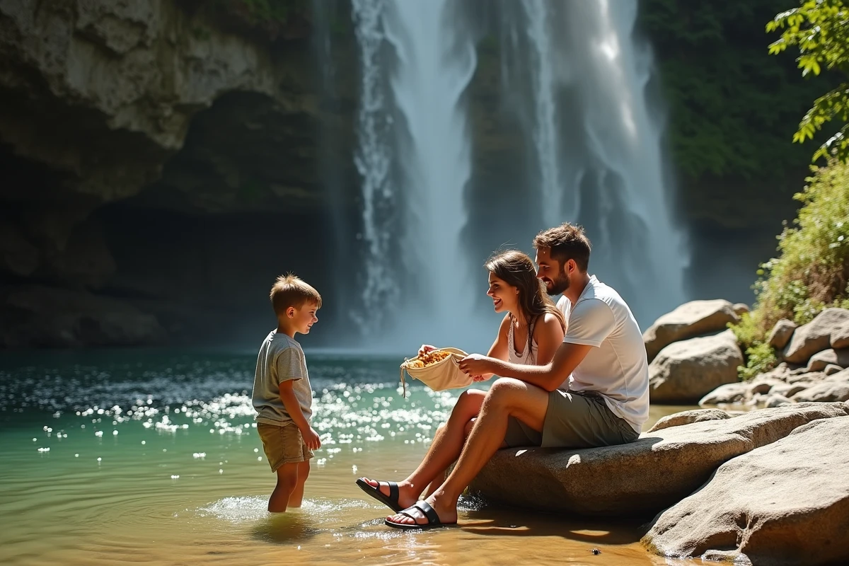 Famille se reposant au bord du bassin naturel au pied de la cascade de la Vis en été