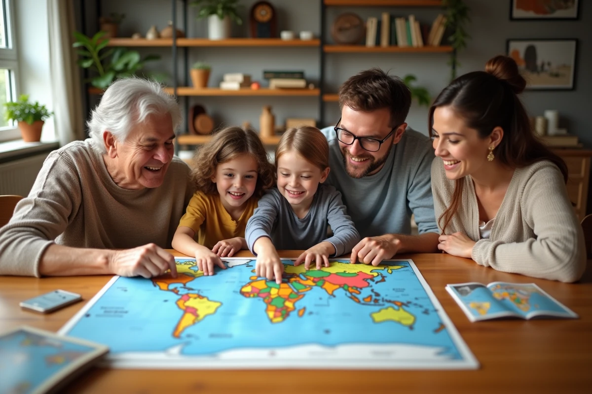 Famille regardant une carte du monde à la maison