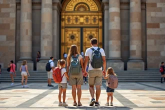 Famille devant la cathédrale de Monreale avec mosaïque dorée