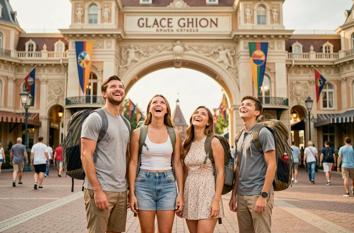Famille souriante à l'entrée d'un grand parc d'attractions européen pour des vacances en 2026