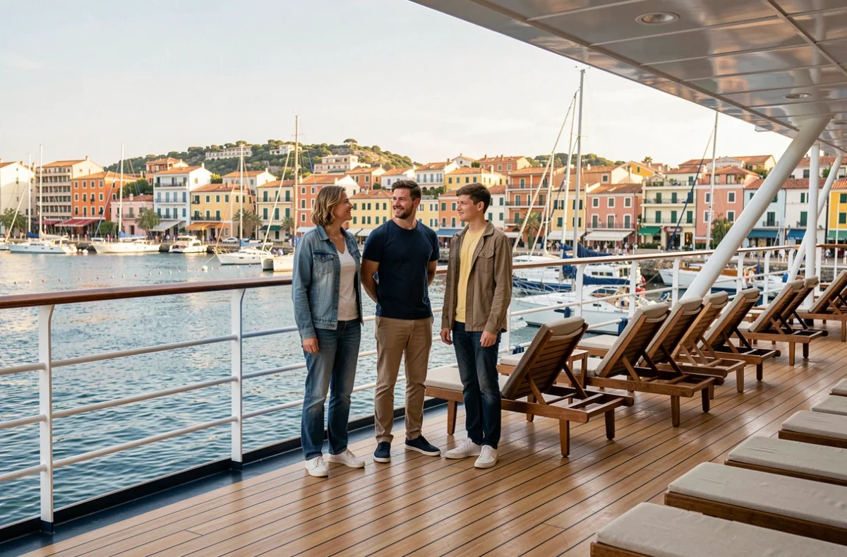 Famille profitant d'une escale en croisière MSC depuis le pont du navire avec vue sur un port pittoresque